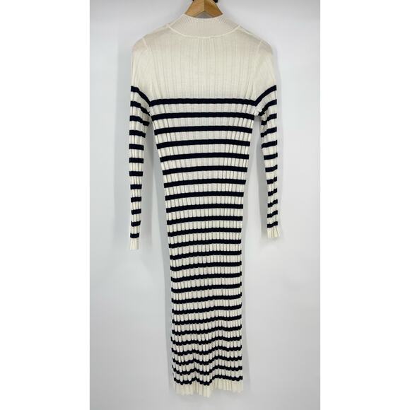 Sezane | Katrina Dress Knit Ribbed Ecru Navy Cream Striped Knit Sweater Dress XL - Picture 5 of 12